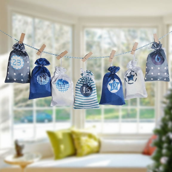 24-Day Hanging Advent Calendar Bags with Drawstrings - Red & Blue Reusable Christmas Countdown Pouches with Number Stickers & Clips Blue