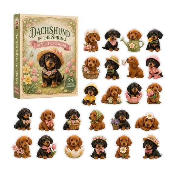 24‑Day Joy Dachshund In The Spring Ornament Advent Calendar, Collectible Christmas Surprise Kit, Acrylic Pendant Set for Home Holiday Decor