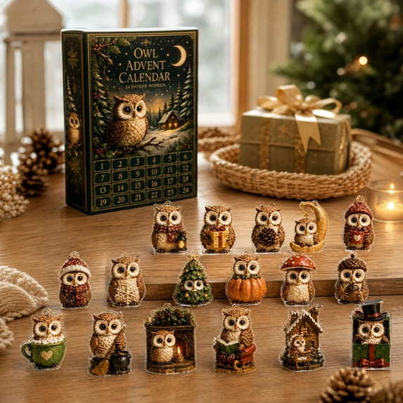 24-Day Magic Owl Advent Calendar , Christmas Countdown Calendar with 24 Pieces 2D Acrylic Cute Ornament, Christmas Tree Decorations for Xmas , Holiday Decor Gift