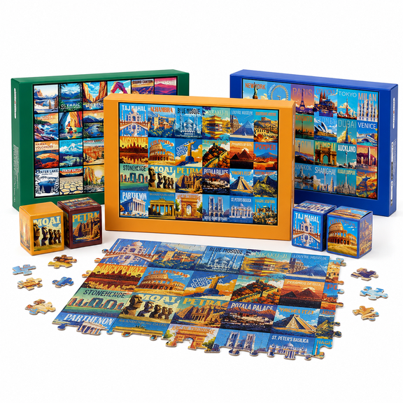 24-Day Mini Puzzle Advent Calendar, World Travel Jigsaw Collection with 1000 Pieces Total, Small Daily Puzzles for Adults, Family Christmas Countdown & Holiday Gift