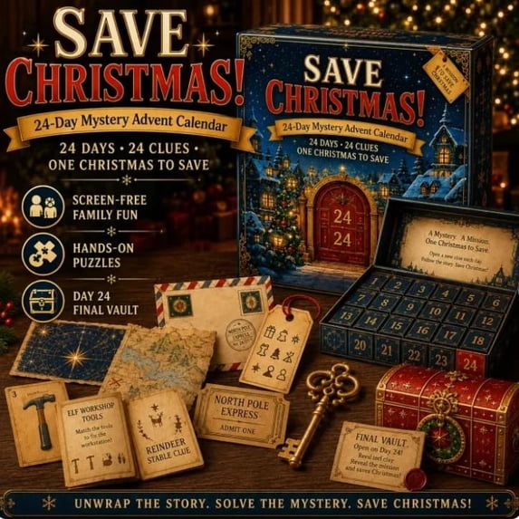 24-Day Mystery Adventure Advent Calendar,24 Clues Puzzle Countdown Calendar with Hands-On Challenges,Interactive Mystery Game for Family Game Night and Holiday Traditions