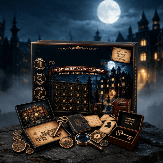 24-Day Mystery Adventure Advent Calendar, 24 Day Clue Solving Countdown Game, At-Home Escape Room Themed Story Box, Holiday Present for Mystery Game Fans (Haunted Manor)