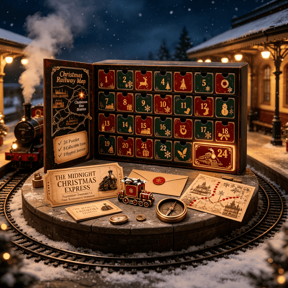 24-Day Mystery Adventure Advent Calendar, 24 Days Clue Puzzle Countdown Box, Interactive Escape Room Style Story Game, Holiday Collectible Gift for Mystery & Puzzle Enthusiasts (Mystery Train)