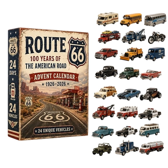 24‑Day Route 66 Vehicle Advent Calendar, Retro Classic Car Truck Bus Motorcycle Collectible Figurine Set for Holiday Display