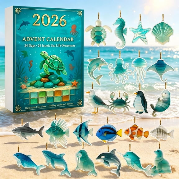 24Day Sea Glass Advent Calendar 2026, Christmas Countdown Calendar with 24 Ocean Animal Acrylic Ornaments, Unique Pendant Set for Kids Collectors Home Tree Holiday Decoration
