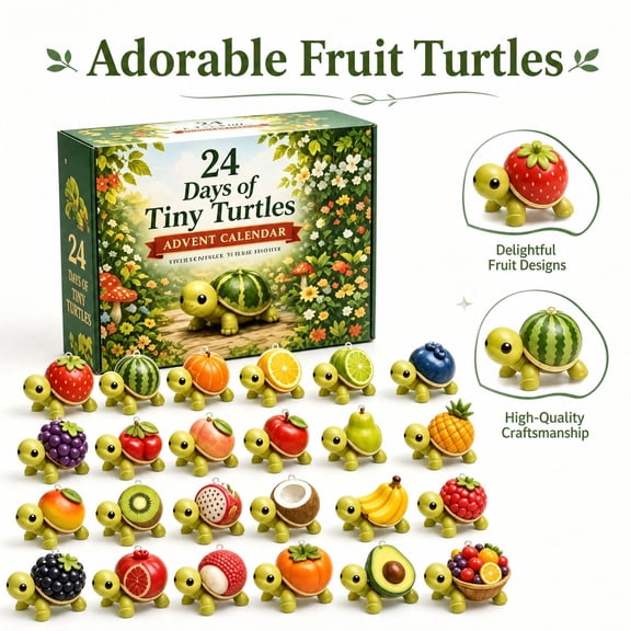 24-Day Tiny Turtles Countdown Calendar, 24 Cute Fruit Shell Turtle Figurines, Desktop Display Decor, Holiday Surprise Gift Box