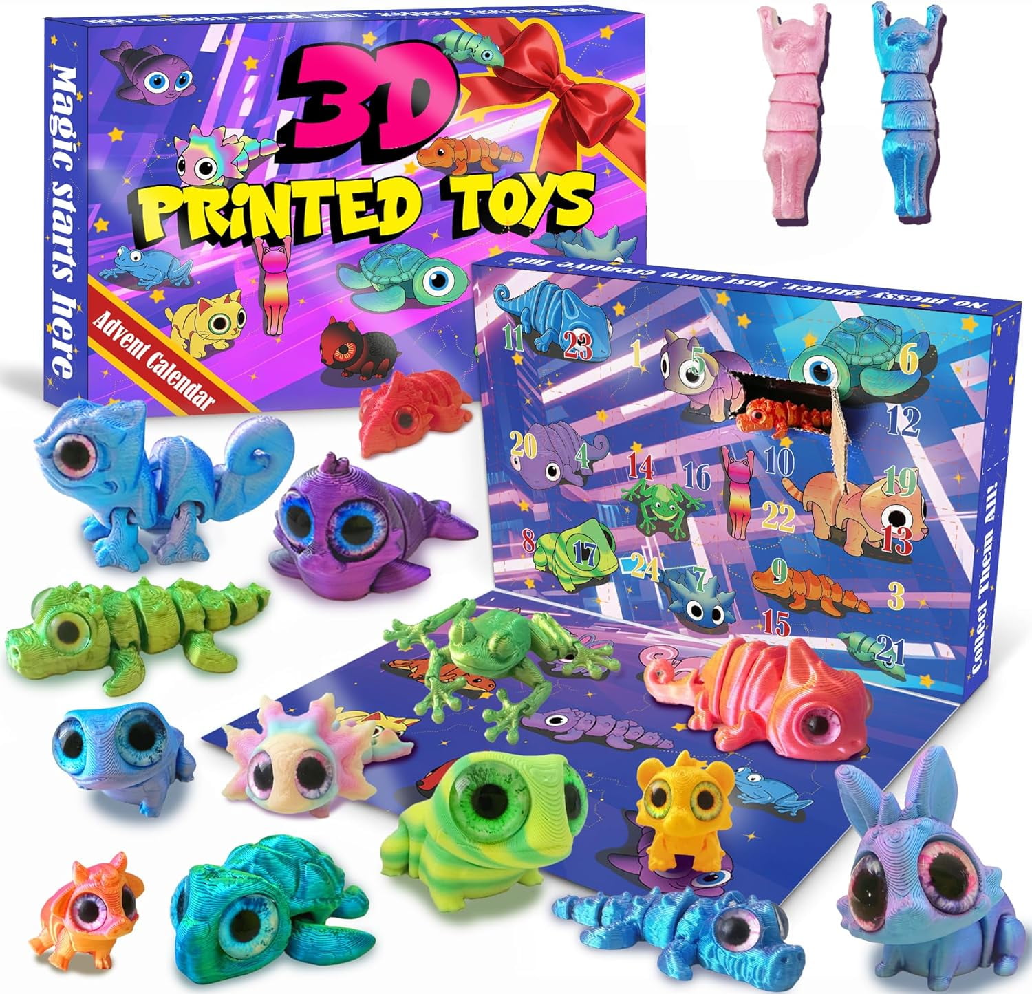 24 Days 3D Printed Animals Toys Christmas Advent Calendar, Cute Mini Figures, Including Dragons, Axolotl, Rabbit, Turtle, Frog, Etc, Cool Desk Pet Countdown Gifts & Surprise Party Favors