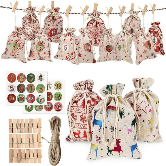 24 Days Advent Calendar Christmas Hanging Gift Bag Burlap Present Wrapping Bag
