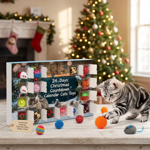 24 Days Cat Advent Calendar with Interactive Plush and Ball Toys, 24-Piece Set, Multicolor, for Indoor Cats and Kittens, Christmas Countdown Toys