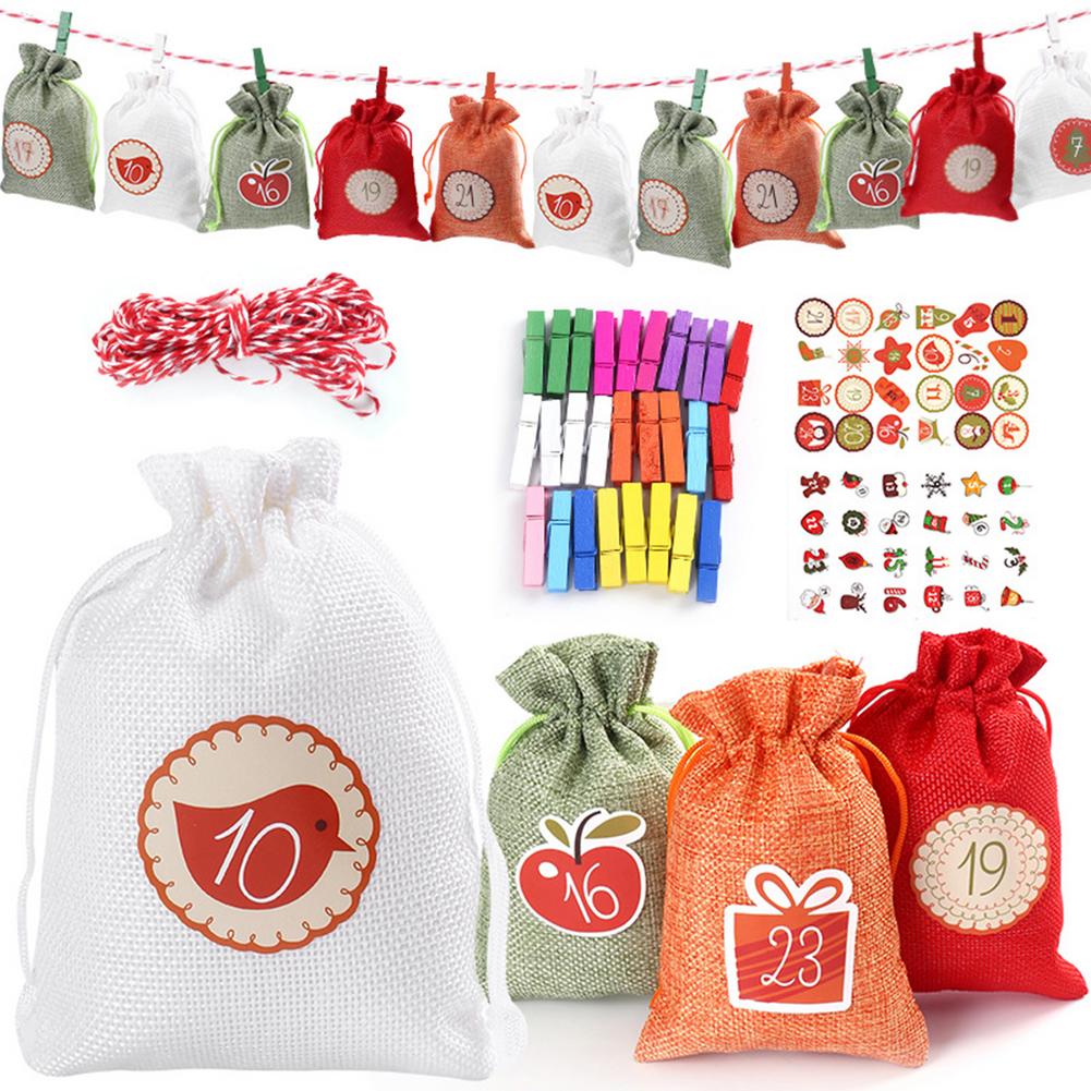 24 Days Christmas Advent Calendar Bags DIY Stickers Fabric Drawstring