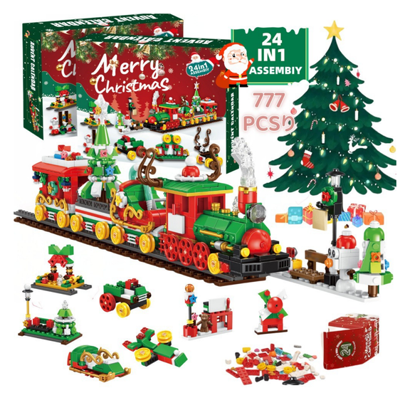 24 Days Christmas Advent Calendar Building Blocks Set, 777 Pcs Festive Christmas Train Building Kit, Xmas Holiday Countdown Home Decor Present