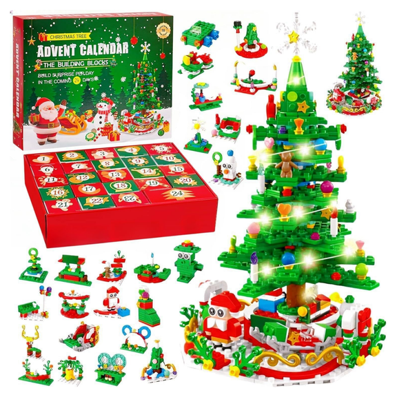 24 Days Christmas Advent Calendar Building Blocks Set, Light Up Rotatable Christmas Tree Building Kit, Xmas Holiday Countdown Festive Gift for Home Decor