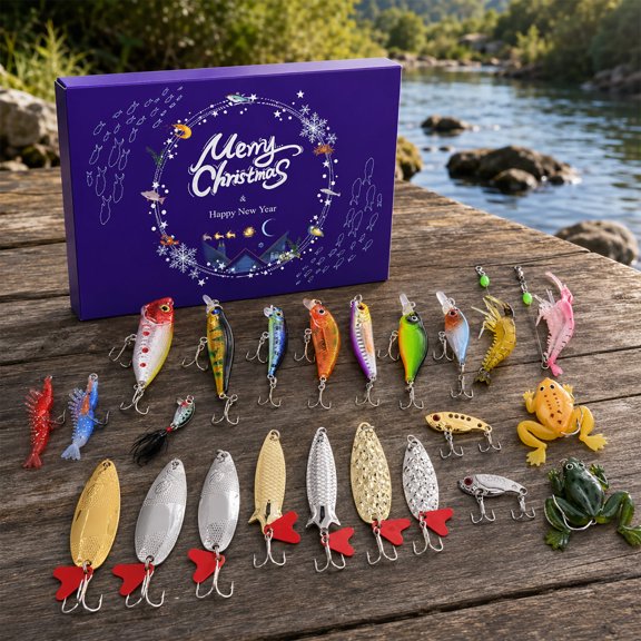 24 Days Christmas Advent Calendar Fishing Lures Blind Box, 24Pcs Assorted Fishing Tackle Kit, Countdown Surprise Gift Box for Anglers Fisherman Men