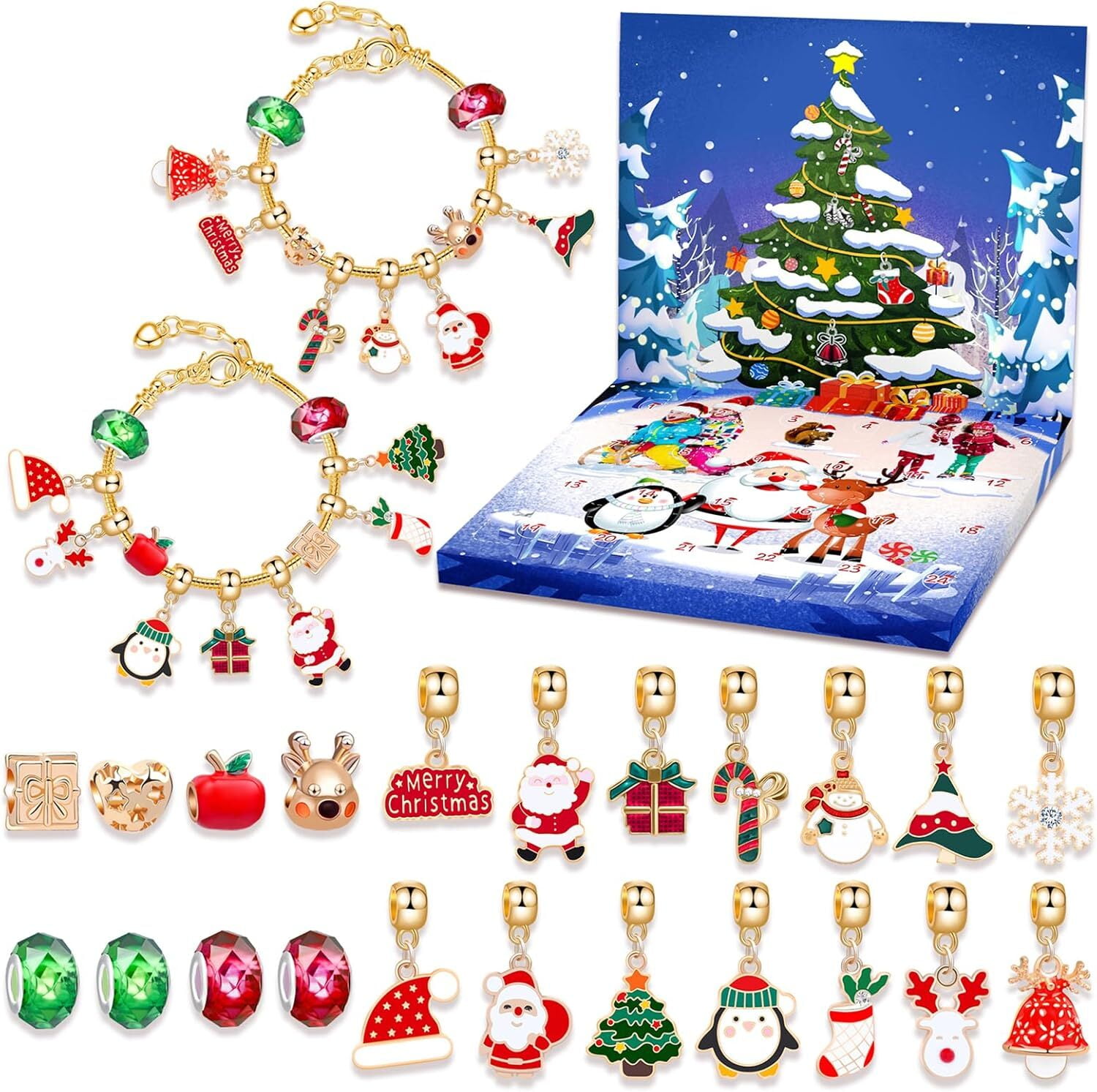24 Days Christmas Advent Calendar Jewelry Making Kit, DIY Craft Set with Charms, Beads, Bracelet for Kids, Teens, Women
