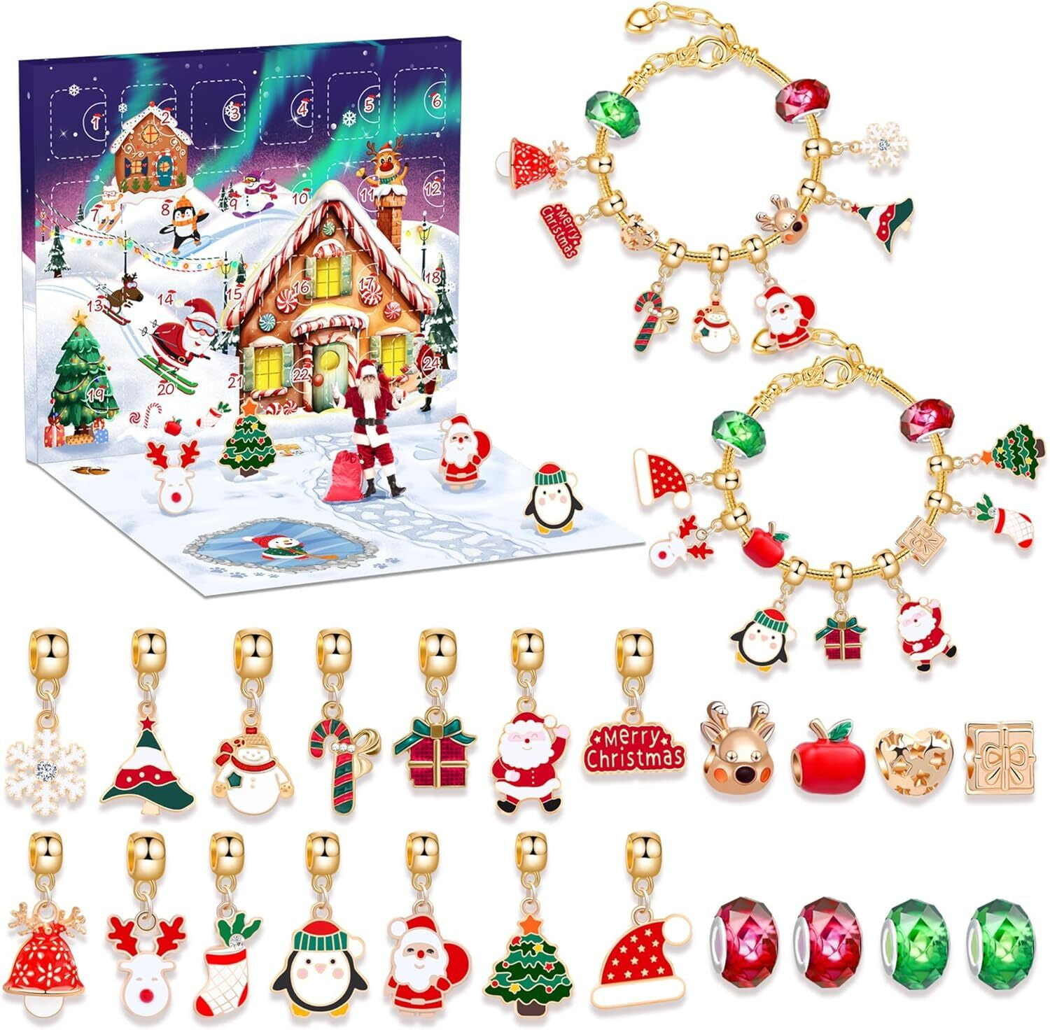 24 Days Christmas Advent Calendar Jewelry Making Kit, DIY Craft Set with Charms, Beads, Bracelet for Kids, Teens, Women