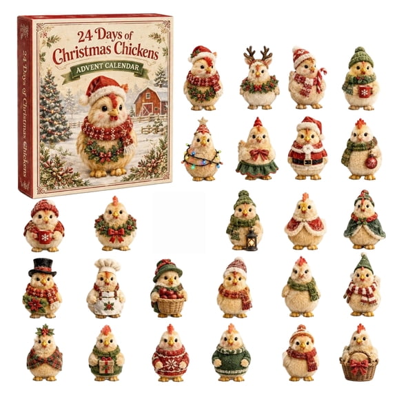 24 Days of Christmas Chickens Advent Calendar, 24 Pieces Christmas Chicken Acrylic Ornaments, Xmas Countdown Surprise Box, Holiday Gift for Farm Animal Lovers Kids Teens Adults