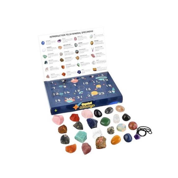 24 Days Christmas Crystal Advent Calendar – Natural Gemstone Countdown Gift Box for Kids – Geological Exploration Toy with Identification Guide