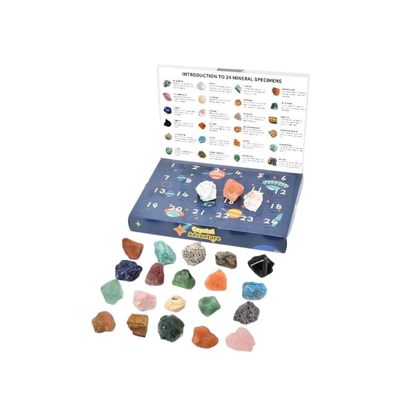 24 Days Christmas Crystal Advent Calendar – Natural Gemstone Countdown Gift Box for Kids – Geological Exploration Toy with Identification Guide