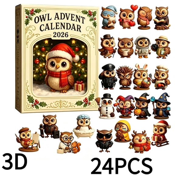 24 Days Christmas Owl Advent Calendar 24 Assorted 3D PVC Owl Mini Figurines Countdown Blind Box Cute Collectible Statue Decor For Tabletop Cabinet Xmas Holiday Novelty Present For Boys Girls,D