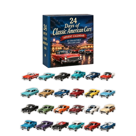 24 Days of Classic American Cars Advent Calendar 2026, 24Pcs 2D Acrylic Vintage American Classic Car Ornaments Countdown Calendar, Retro Automobile Themed Hanging Decor, Holiday Collectible Gift