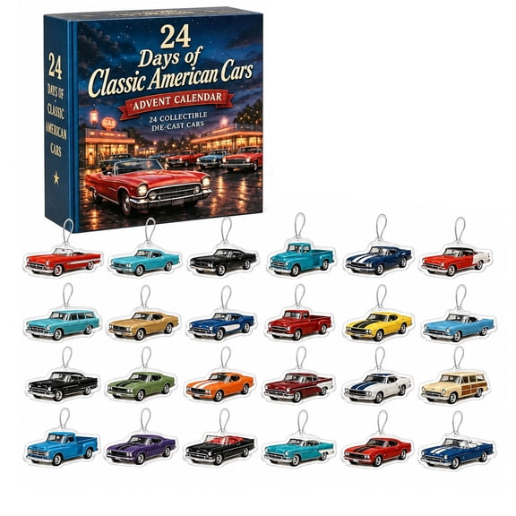 24 Days Of Classic American Cars Advent Calendar, 2026 Christmas Countdown with 24 2D Vintage Ride Collectible Die-Cast Cars,Retro Classic Vehicle Set for Car Collectors