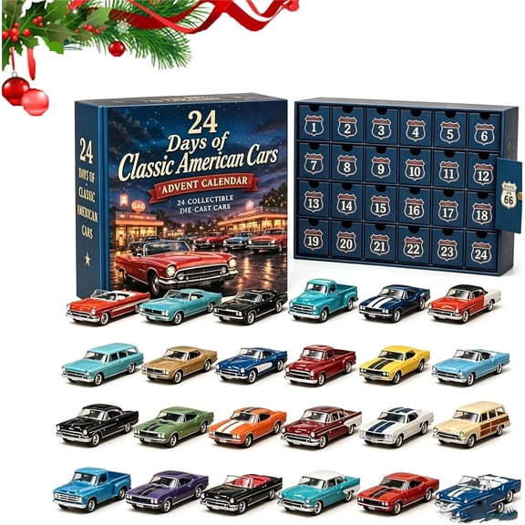 24 Days Of Classic American Cars Advent Calendar 2026 Christmas Countdown with 24 Vintage 2D Acrylic Ride Collectible Die-Cast Cars, Retro Classic Vehicle Set for Car Collectors