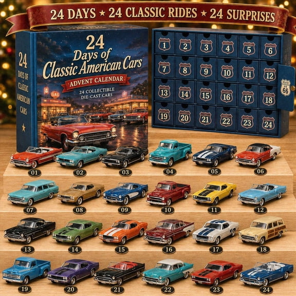 24 Days Of Classic American Cars Advent Calendar, 2026 Christmas Countdown with 24 Vintage Ride Collectible Die-Cast Cars, Retro Classic Vehicle Set for Car Collectors
