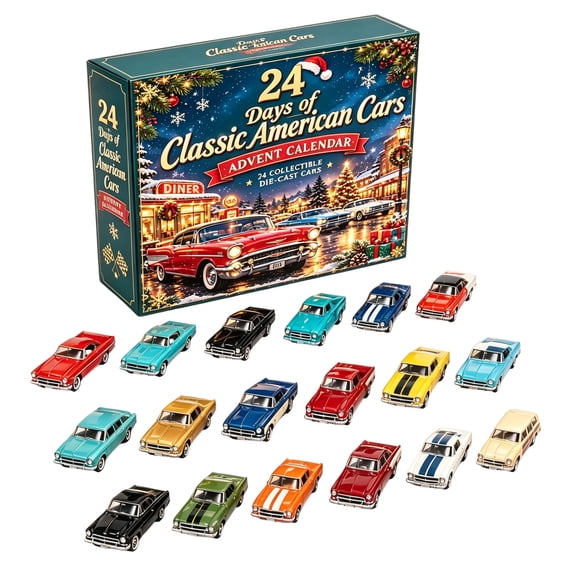 24 Days Of Classic American Cars Advent Calendar, 2026 Christmas Countdown with 24 Vintage Ride Collectible Die-Cast Cars, Retro Classic Vehicle Set for Car Collectors