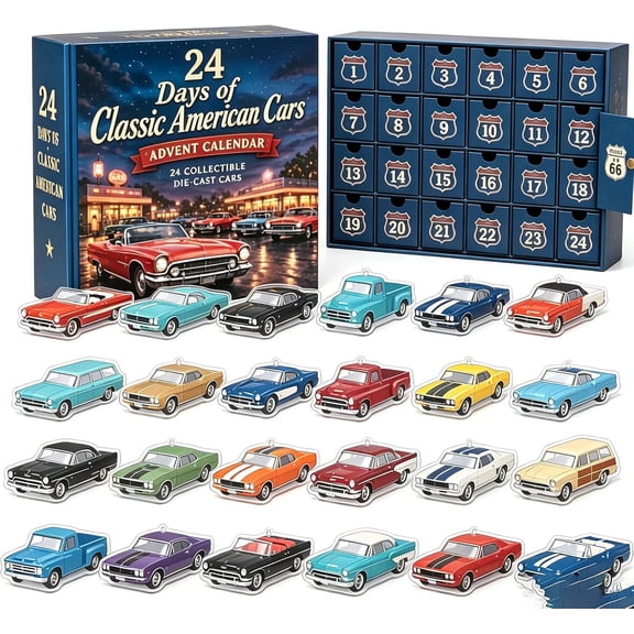 24 Days Of Classic American Cars Advent Calendar 2026 Christmas Countdown with 24 Vintage Ride Collectible Die-Cast Cars, Retro Classic Vehicle Set for Car Collectors