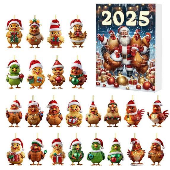24 Days Countdown Calendar 2025 Christmas Advent Calendar with 24 Cute Chick Ornaments,Santa Rooster Decorations,Advent Calendar for Kids Adults,Holiday Countdown Calendar,Christmas Decorations