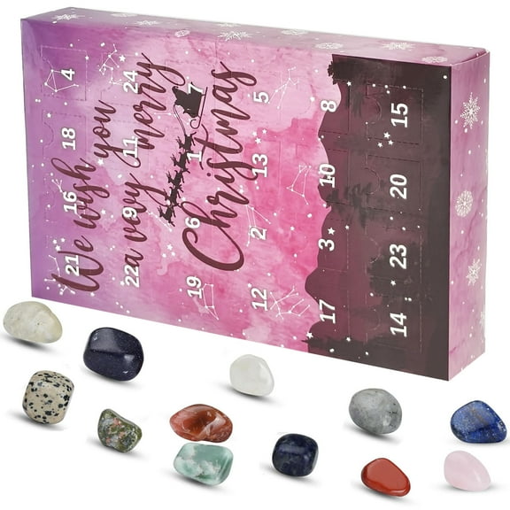 24 Days Crystal Gemstone Advent Calendar, 2025 Xmas Countdown Calendar, Surprise Each Day Festive Birthday Christmas Gift Box for Girls Boys,Pink-Gem Small