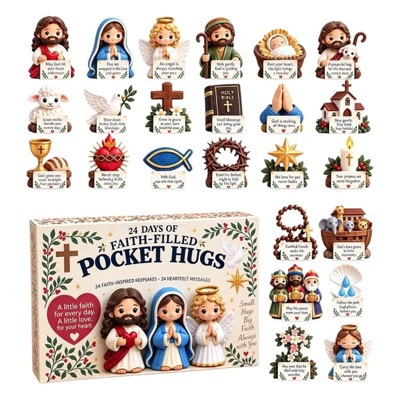 24 Days of Faith-Filled Pocket Hugs Advent Calendar 2026, 24 Days Christmas Countdown Calendar, 2D Cute Mini Religious Figurines & Collectible Ornaments, Unique Holiday Gift for Faith Lovers