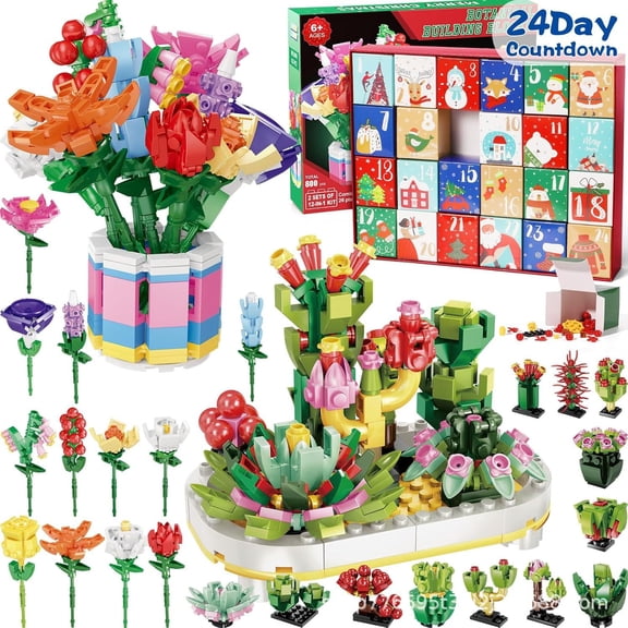 24 Days Flower Bouquet Christmas Countdown, Flower Bouquet Advent Calendar 2025, Christmas Countdown Calendar Building Blocks, hristmas Blocks for Kids Adults Teen (Succulent)