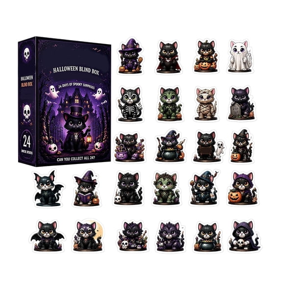 24 Days Halloween Countdown Calendar Blind Box - Spooky Cute Cat Acrylic Figurine Ornaments, Gothic Desktop Holiday Advent Calendar Display Set