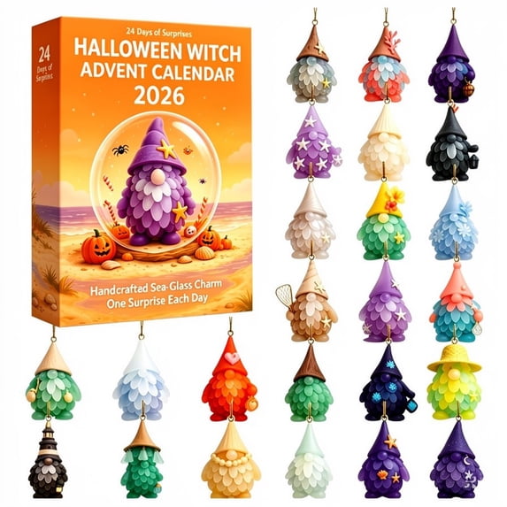 24 Days Halloween Witch Gnome Advent Calendar 2026, Orange Sea Glass Charms, Hanging Countdown Ornaments for Fall Tree & Spooky Home Decor, Gift Box