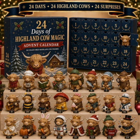 24 Days of Highland Cow Magic Advent Calendar, 24Pcs Collectible Mini Highland Cow Figurines, Christmas 24 Days Countdown Surprise Gift Box for Highland Cow Fans & Collectors
