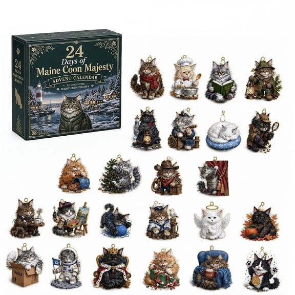 24 Days of Maine Coon Majesty Advent Calendar, 24 Pieces 2D Acrylic Maine Coon Cat Ornaments, Xmas Countdown Surprise Box, Holiday Gift for Pet Lovers