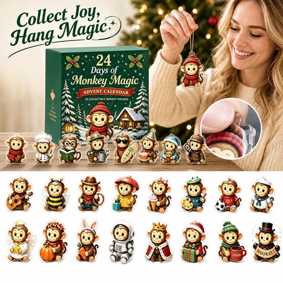 24 Days of Monkey Magic Advent Calendar, Christmas Countdown Blind Box, 24Pcs 2D Acrylic Monkey Ornaments, Xmas Tree Hanging Decor, Holiday Collectible Gift for Monkey & Whimsical Decor Enthusiasts