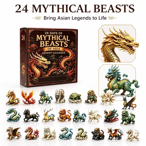 24 Days Mythical Beasts Advent Calendar with 2D Flat Acrylic Asian Dragon Design, Set of 24 Pieces, Multicolor, for Holiday Desk and Tree Display, Hanging Ornaments