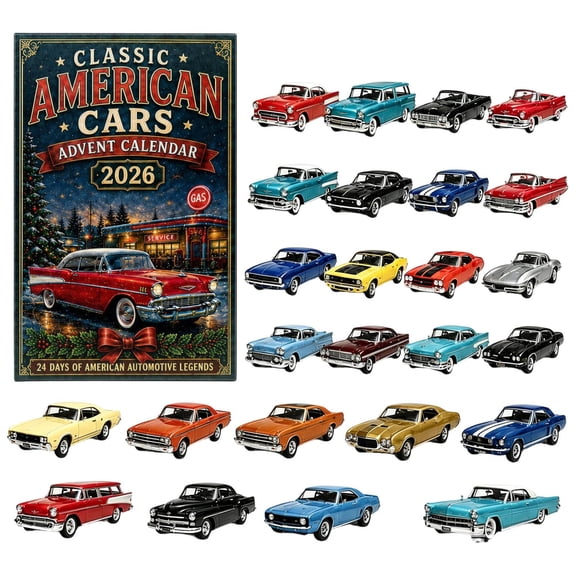 24 Days Of American Cars Advent Calendar, 2026 Countdown with 24 Vintage Ride Collectible Die-Cast Cars, Retro Vehicle Set Car Collectors