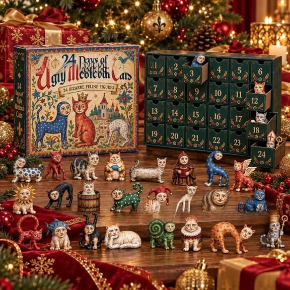 24 Days Of Ugly Medieval Cats,2026 Advent Calendar With 24PCS Cat Ornament