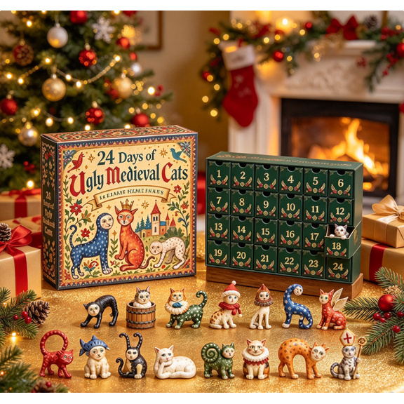 Medieval Cats Advent Calendar 2026 with 3D Ugly Cat Figures, 24 Days Christmas Countdown Calendar for Xmas Party (1 Set)