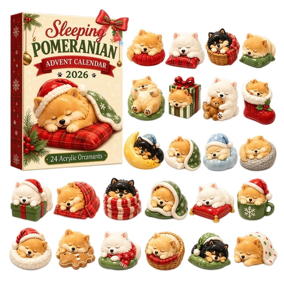 24 Days of Sleeping Pomeranian Christmas Advent Calendar 2026, Xmas Countdown Calendar Blind Box, Surprise Each Day, Christmas Gifts for Boys Girls, 2D Christmas Decorations for Tree