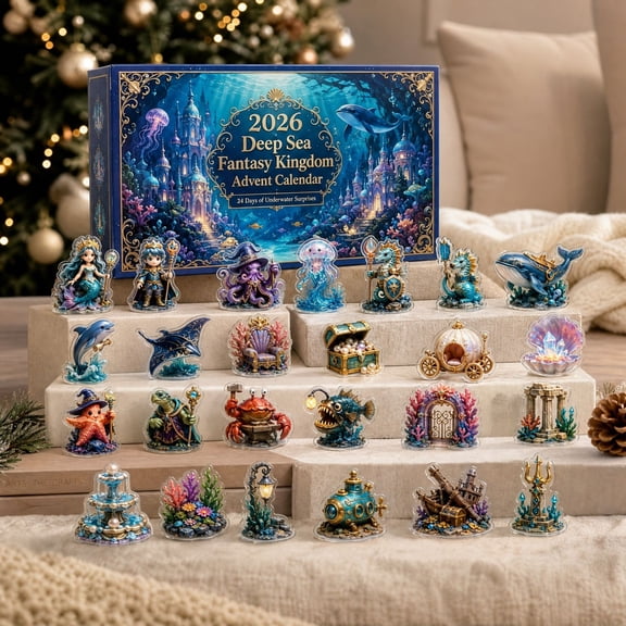 24 Days of Underwater Adventures Advent Calendar Gift Box, Christmas Countdown Blind Box Set with Assorted Acrylic Mermaid Sea Creature Ornaments, Magical Ocean Collectible Set for Holiday Present
