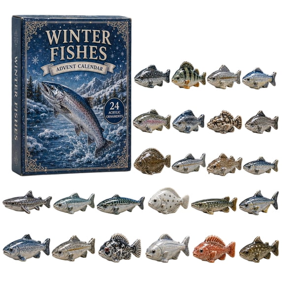 24 Days Winter Fish Advent Calendar 2026, Xmas Countdown Calendar Blind Box, Surprise Each Day Christmas Gifts Box for Ice Fishing Boys and Girls, 2D Hanging Christmas Decorations for Tree