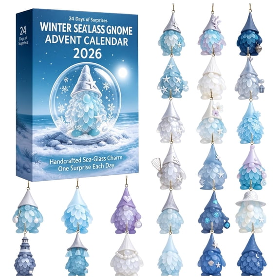 24 Days Winter Sea Glass Gnome Advent Calendar 2026, Blue Frosted Hanging Charms, Countdown Gift Set for Holiday Tree Decoration, 24 Unique Ornaments