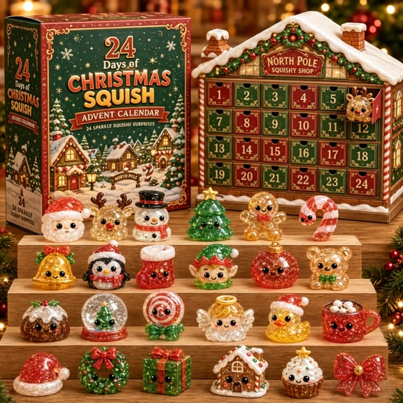 24 Days of Christmas Squish Advent Calendar, North Pole House Shaped Countdown Box with 24 Sparkly Squish Toys, Kids Christmas Surprise Gift
