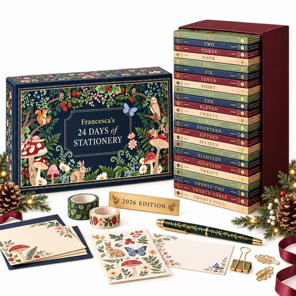 24 Days of Stationery Advent Calendar 2026, 2D Botanical Book-Box Countdown with 24 Numbered Drawers, Mixed Stationery Surprises