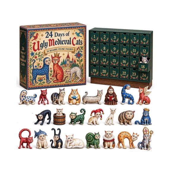 Ugly Medieval Cats Advent Calendar 2026, 24-Day 3D Weird Medieval Cat Figurines Countdown Calendar, Holiday Collectible Gift for Adults K*ids