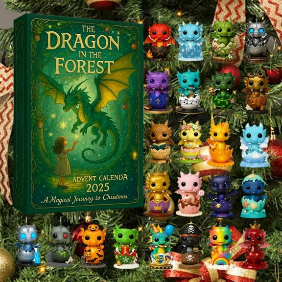 24 Days the Dragon in Forest Advent Calendar 2025, Baby Christmas Countdown with Unique Tree Flat Decorations for Festive Fun